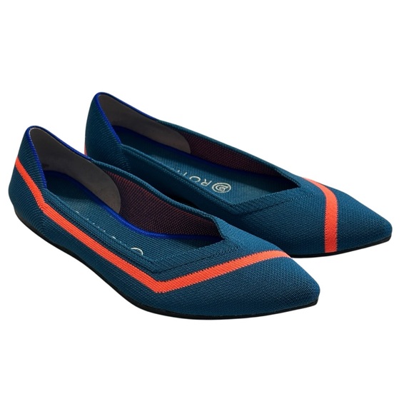 Rothy's Pointed Knit Flats Teal Blue/Neon Stripe - Unicorn Sz.10 Preppy Casual - Picture 1 of 10